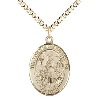 Lord Is My Shepherd 14kt Gold-filled Oval Medal Pendant with Gold-plated Chain, Measures 1-inch tall by 3/4-inch wide, Bliss Manufacturing