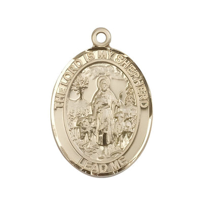 Lord Is My Shepherd 14kt Gold Oval Medal Pendant, Measures 1-inch tall by 3/4-inch wide, Bliss Manufacturing