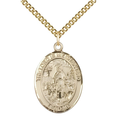 Lord Is My Shepherd 14kt Gold Oval Medal Pendant with 14kt Gold Chain, Measures 1-inch tall by 3/4-inch wide, Bliss Manufacturing