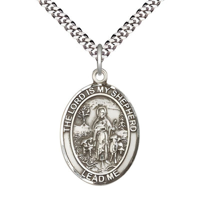Lord Is My Shepherd Sterling Silver Oval Medal Pendant with Rhodium-plated Chain, Measures 1-inch tall by 3/4-inch wide, Bliss Manufacturing