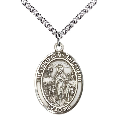 Lord Is My Shepherd Sterling Silver Oval Medal Pendant with Sterling Silver Chain, Measures 1-inch tall by 3/4-inch wide, Bliss Manufacturing