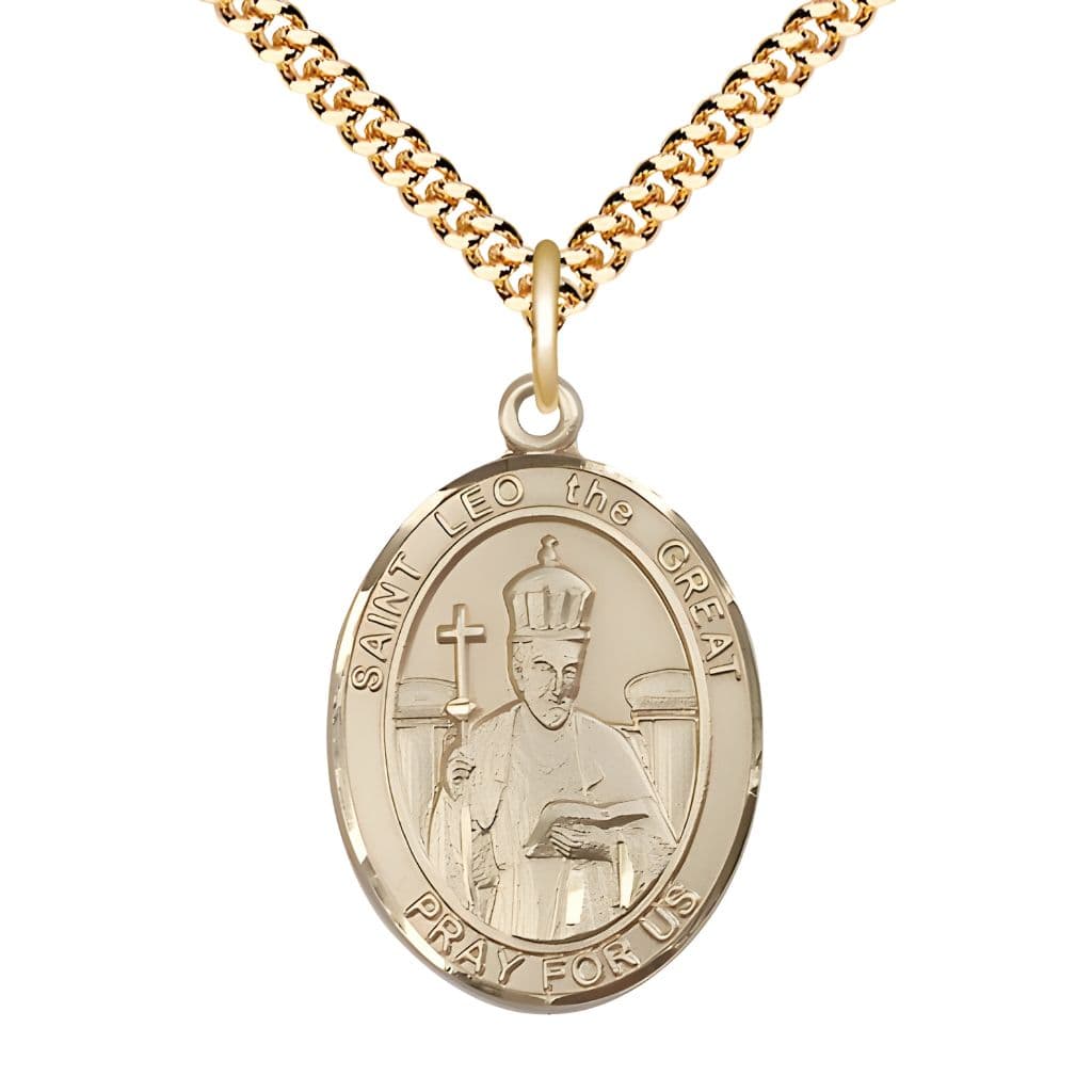 Bliss St. Leo the Great 14kt Gold-filled Oval Medal Pendant with Gold-plated Chain, Measures 1-inch tall by 3/4-inch wide.