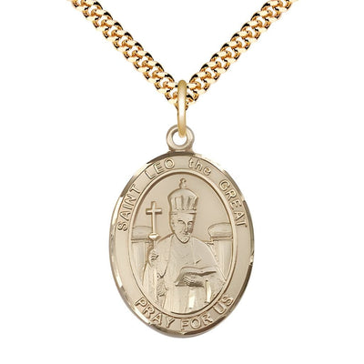 St. Leo the Great 14kt Gold-filled Oval Medal Pendant with Gold-plated Chain, Measures 1-inch tall by 3/4-inch wide, Bliss Manufacturing