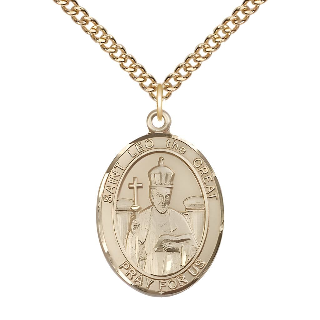 Bliss St. Leo the Great 14kt Gold-filled Oval Medal Pendant with Gold-filled Chain, Measures 1-inch tall by 3/4-inch wide.
