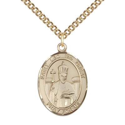 St. Leo the Great 14kt Gold-filled Oval Medal Pendant with Gold-filled Chain, Measures 1-inch tall by 3/4-inch wide, Bliss Manufacturing