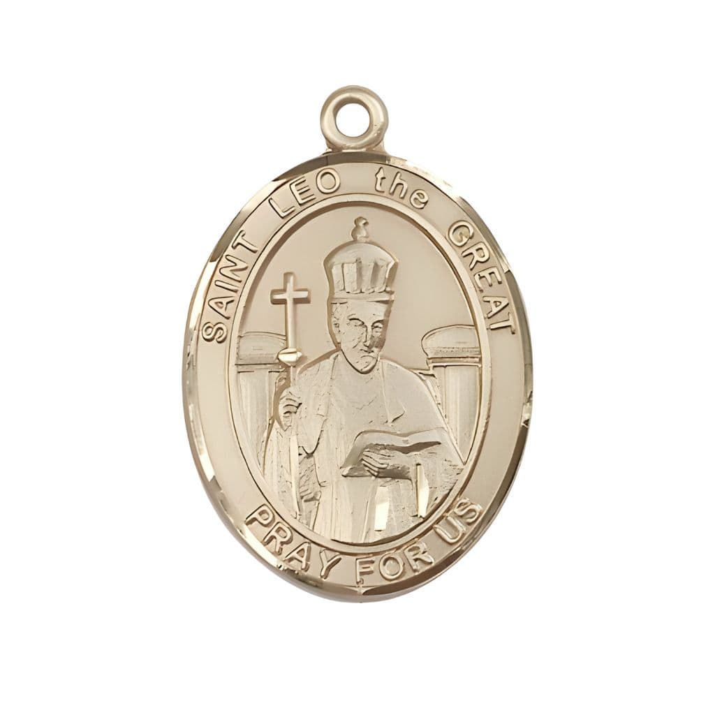 Bliss St. Leo the Great 14kt Gold Oval Medal Pendant, Measures 1-inch tall by 3/4-inch wide.
