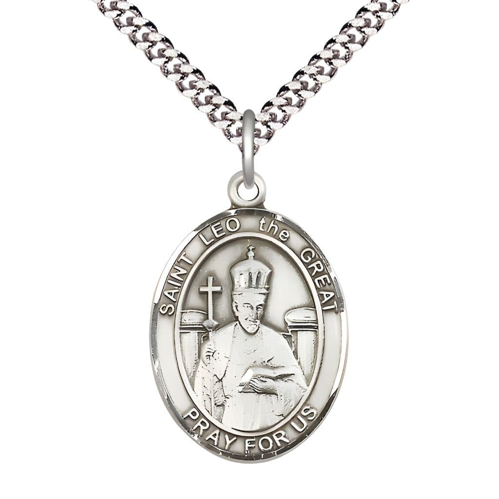 Bliss St. Leo the Great Pewter Oval Medal Pendant with Rhodium-plated Chain, Measures 1-inch tall by 3/4-inch wide.