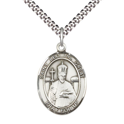 St. Leo the Great Sterling Silver Oval Medal Pendant with Rhodium-plated Chain, Measures 1-inch tall by 3/4-inch wide, Bliss Manufacturing