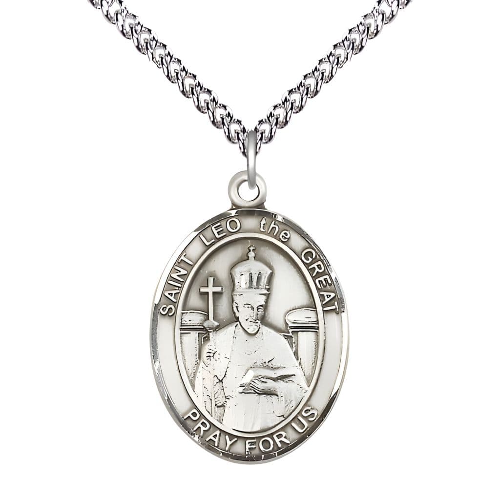 Bliss St. Leo the Great Sterling Silver Oval Medal Pendant with Sterling Chain, Measures 1-inch tall by 3/4-inch wide.
