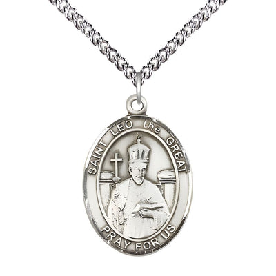 St. Leo the Great Sterling Silver Oval Medal Pendant with Sterling Chain, Measures 1-inch tall by 3/4-inch wide, Bliss Manufacturing