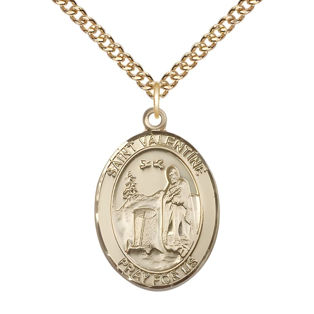 Bliss St. Valentine of Rome 14kt Gold-filled Oval Medal Pendant with Gold-filled Chain, Measures 1-inch tall by 3/4-inch wide.