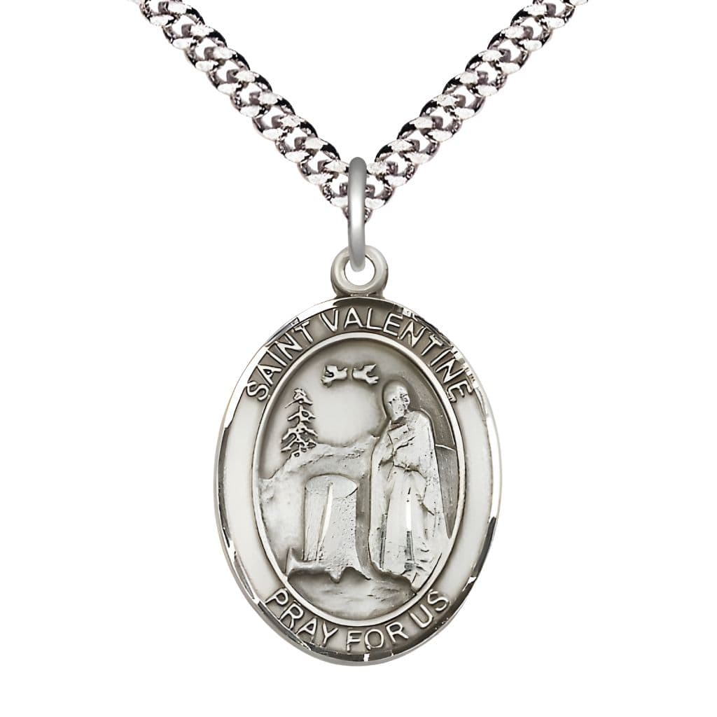 Bliss St. Valentine of Rome Pewter Oval Medal Pendant with Rhodium-plated Chain, Measures 1-inch tall by 3/4-inch wide.