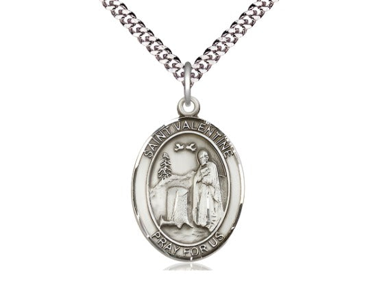 Bliss Large Sterling Silver St Valentine of Rome Pendant on a 24 inch Light Rhodium-plated Heavy Curb Chain,