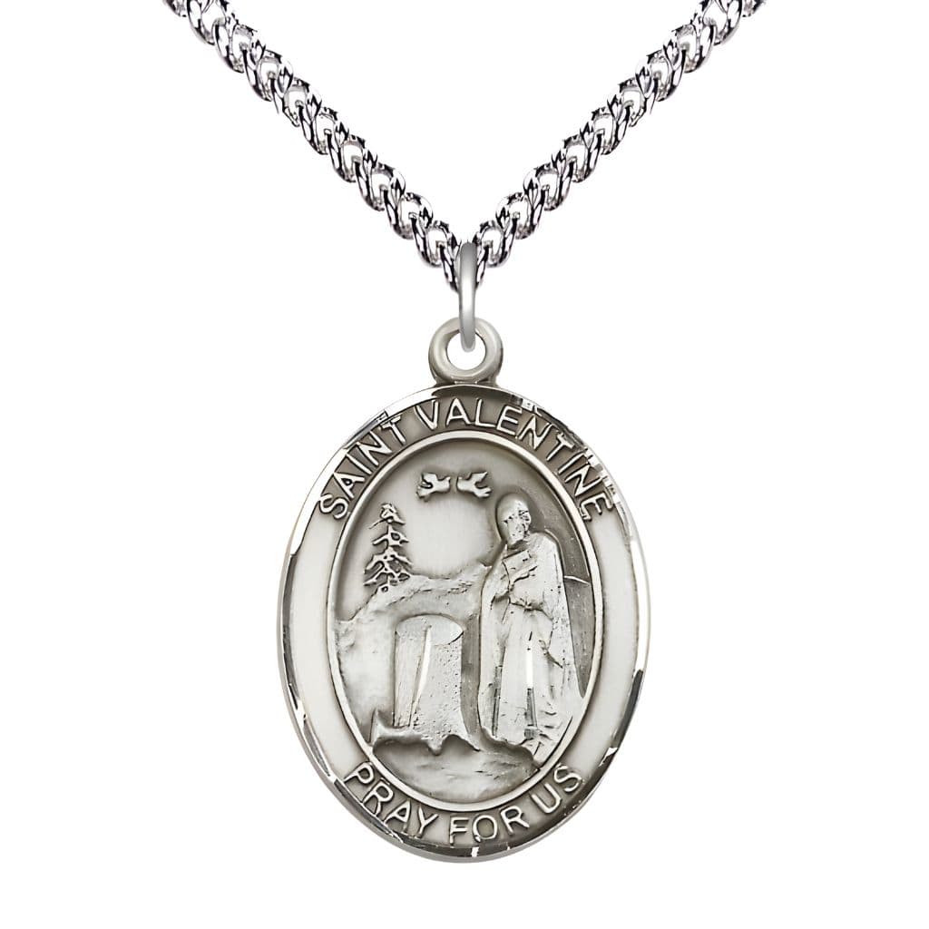 Bliss St. Valentine of Rome Sterling Silver Oval Medal Pendant with Sterling Silver Chain, Measures 1-inch tall by 3/4-inch wide.