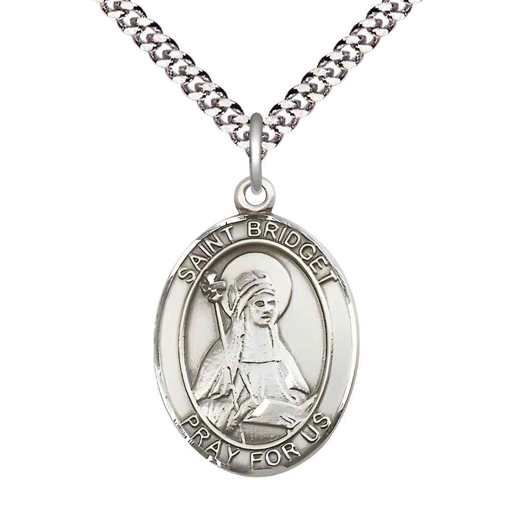 Large Saint Bridget of Sweden Pewter Oval Medal Pendant with 24" Rhodium-plated Curb Chain in Deluxe Gift Box | Bliss Manufacturing