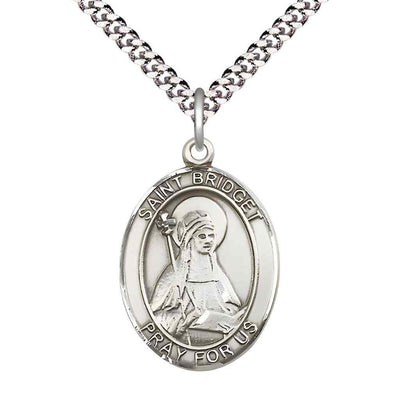 Large Saint Bridget of Sweden Pewter Oval Medal Pendant with 24" Rhodium-plated Curb Chain in Deluxe Gift Box | Bliss Manufacturing
