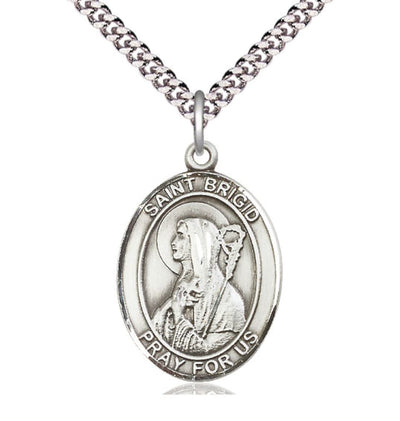 Large St Brigid of Ireland Catholic Patron Saint Pewter Medal with Plated Chain, Bliss Manufacturing