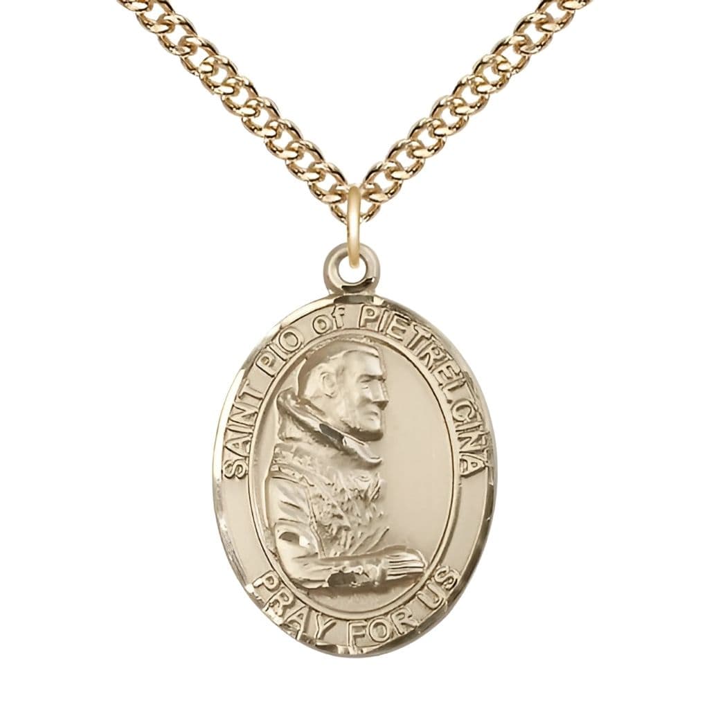 St. Padre Pio Gold-filled Oval Engravable Medal Necklace with Gold-filled Chain, 1-inch,