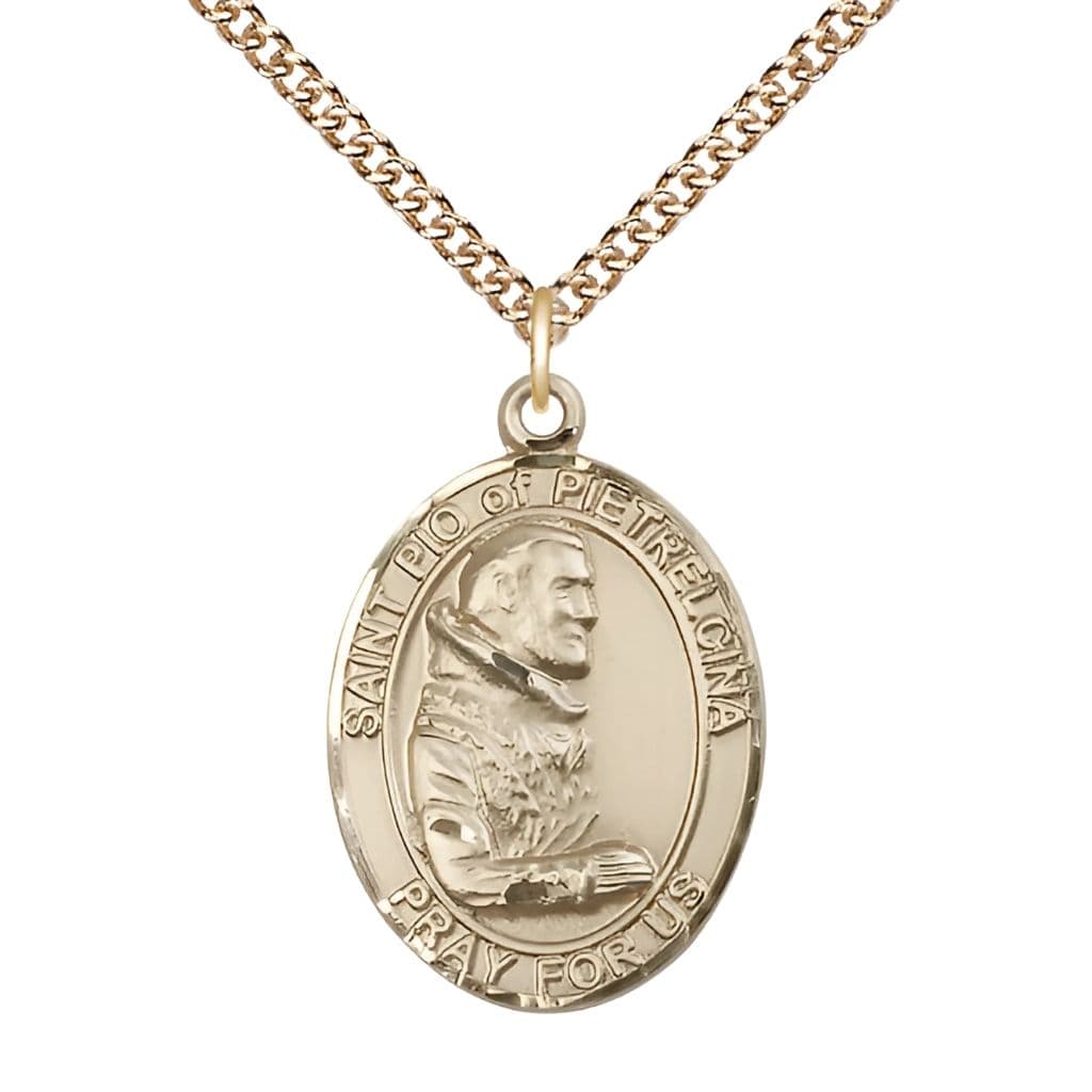 Bliss St. Padre Pio 14kt Gold Oval Medal with 14kt Gold Chain, 1-inch,