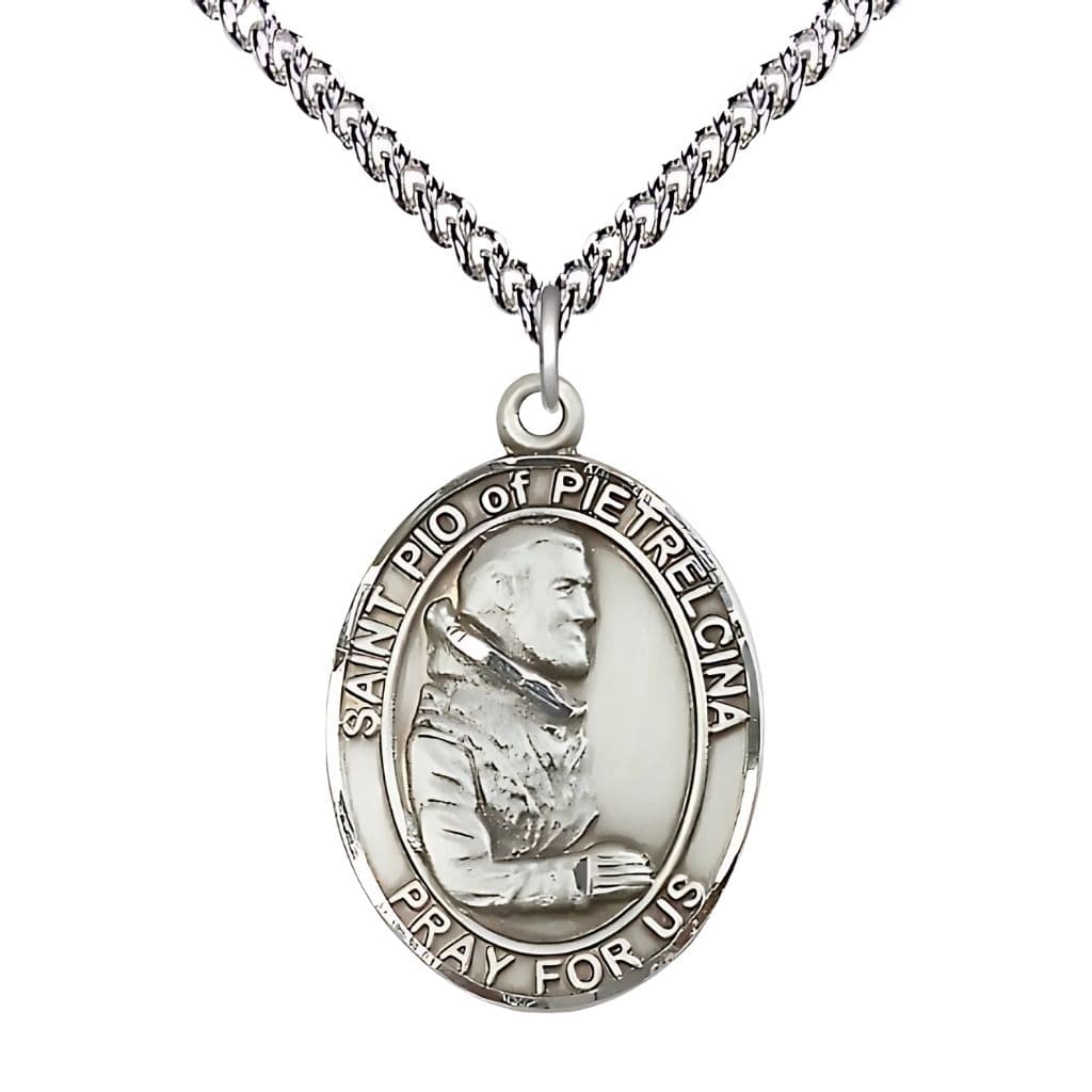 Bliss St. Padre Pio Sterling Silver Oval Engravable Medal Necklace with Sterling Silver Chain, 1-inch,