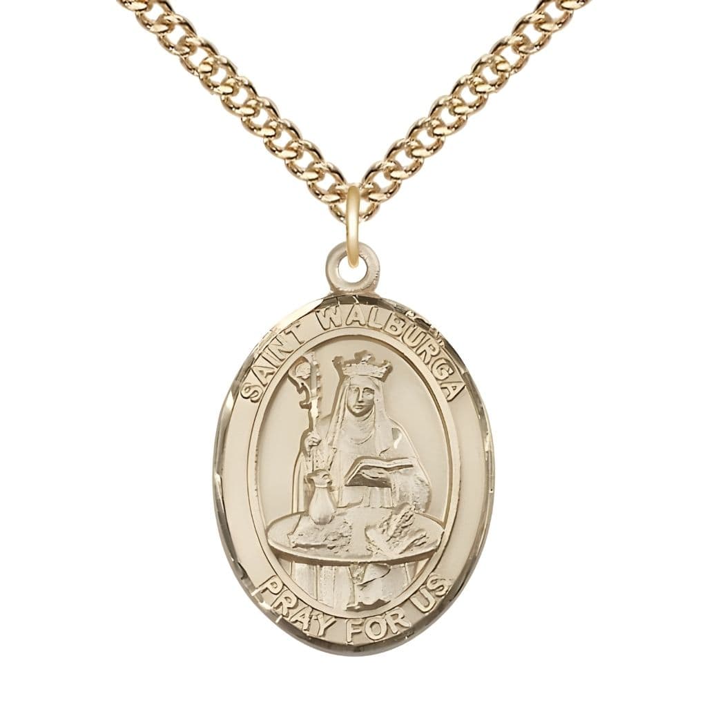 Bliss St. Walburga 14kt Gold Oval Medal Pendant with 14kt Gold Chain, Measures 1-inch tall by 3/4-inch wide.