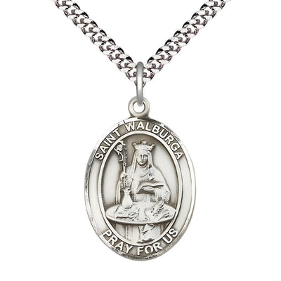 St. Walburga Sterling Silver Oval Medal Pendant with Rhodium-plated Chain, Measures 1-inch tall by 3/4-inch wide, Bliss Manufacturing