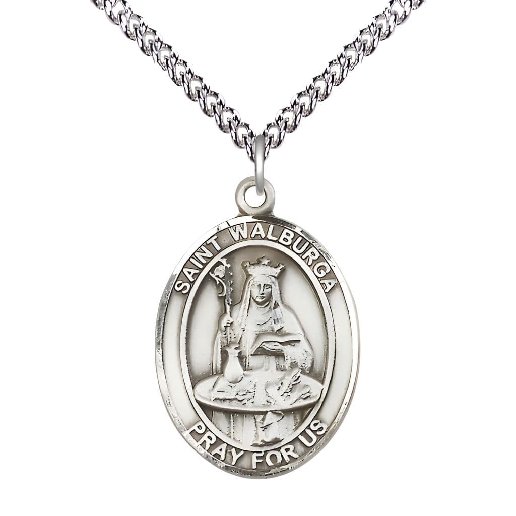 Bliss St. Walburga Sterling Silver Oval Medal Pendant with Sterling Chain, Measures 1-inch tall by 3/4-inch wide.