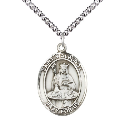St. Walburga Sterling Silver Oval Medal Pendant with Sterling Chain, Measures 1-inch tall by 3/4-inch wide, Bliss Manufacturing