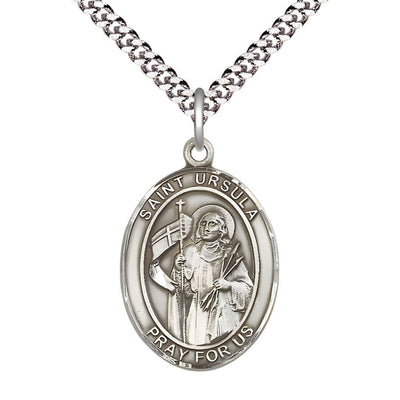 St. Ursula Sterling Silver Oval Medal Pendant with Rhodium-plated Chain, Measures 1-inch tall by 3/4-inch wide, Bliss Manufacturing