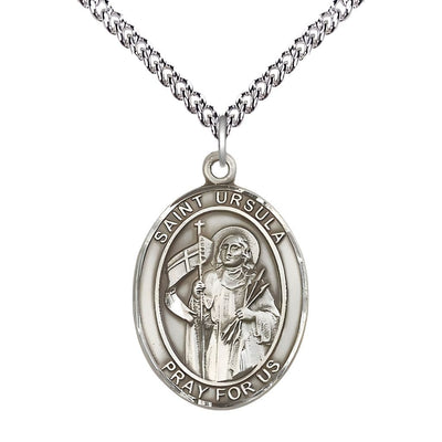 St. Ursula Sterling Silver Oval Medal Pendant with Sterling Chain, Measures 1-inch tall by 3/4-inch wide, Bliss Manufacturing