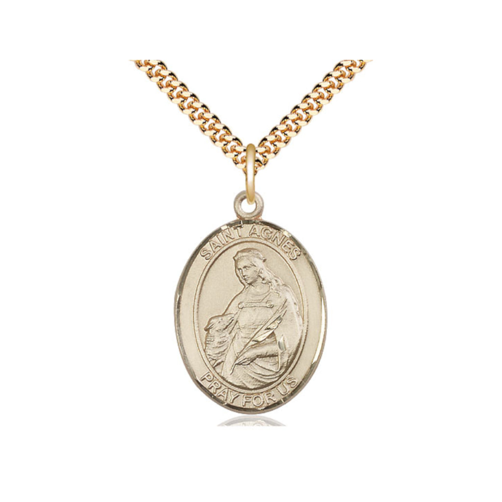 Bliss 14kt Gold Filled St Agnes of Rome Pendant on a Gold Plate Heavy Curb Chain,