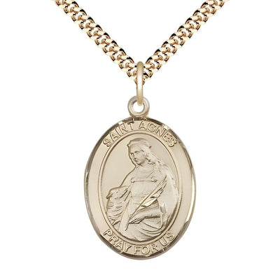 St. Agnes of Rome 14kt Gold-filled Oval Medal Pendant with Gold-plated Chain, Measures 1-inch tall by 3/4-inch wide, Bliss Manufacturing