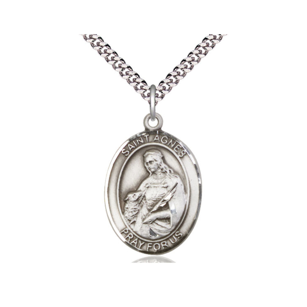 Bliss Manufacturing Pewter St Agnes of Rome Pendant on a Light Rhodium Heavy Curb Chain,