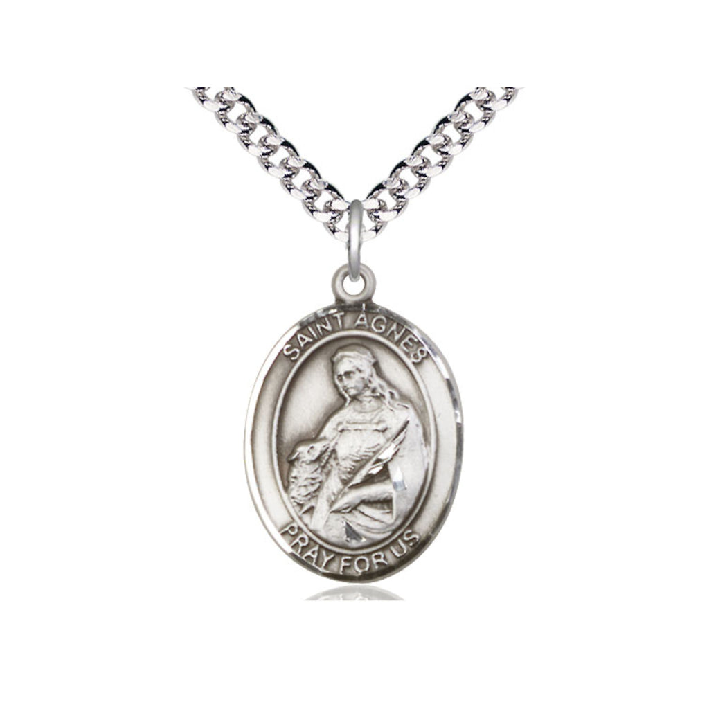 Bliss Pewter St Agnes of Rome Pendant on a Rhodium Heavy Curb Chain,