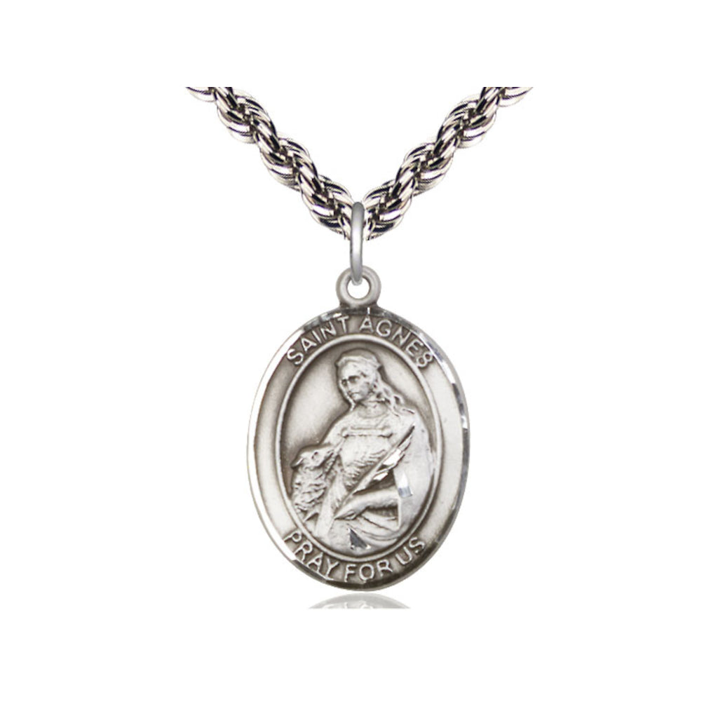 Bliss Pewter St Agnes of Rome Pendant on a Light Rhodium Heavy French Rope Chain,