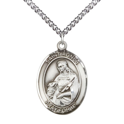St. Agnes of Rome Sterling Silver Oval Medal Pendant with Sterling Chain, Measures 1-inch tall by 3/4-inch wide, Bliss Manufacturing