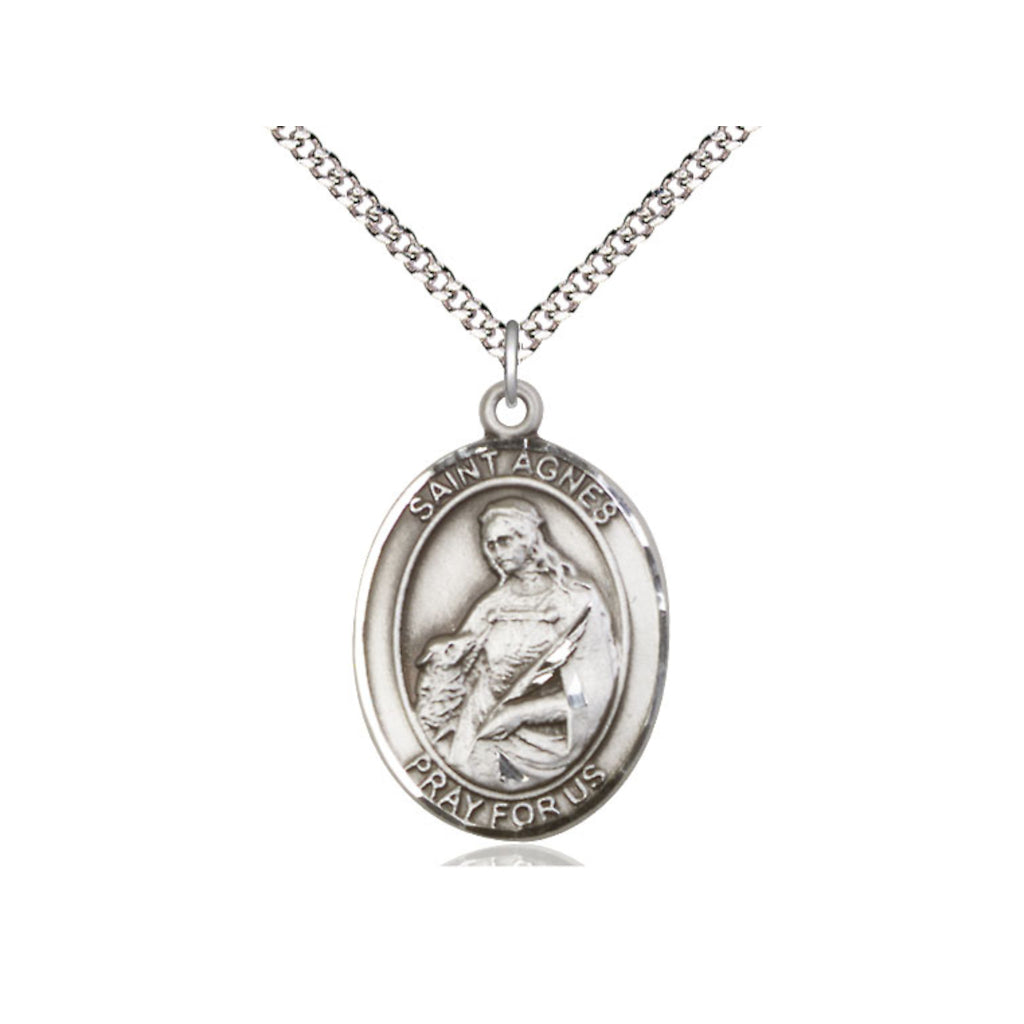 Bliss Manufacturing Sterling Silver St Agnes of Rome Pendant on a Light Rhodium Heavy Curb Chain,