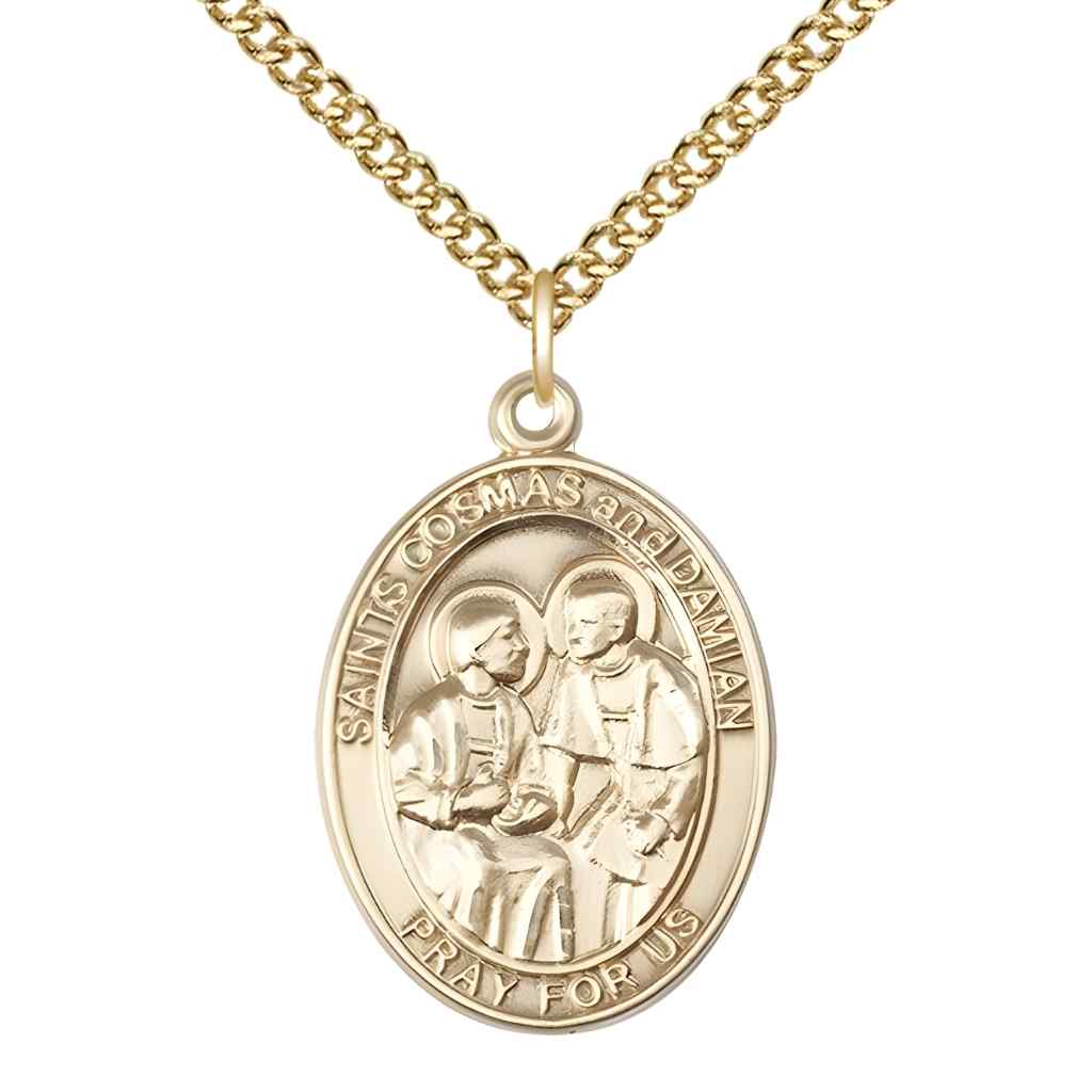 Large St. Cosmas and St. Damian 14kt Gold Oval Medal Pendant with 14kt Gold Chain with Deluxe Gift Box