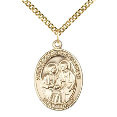 Large St. Cosmas and St. Damian 14kt Gold Oval Medal Pendant with 14kt Gold Chain with Deluxe Gift Box