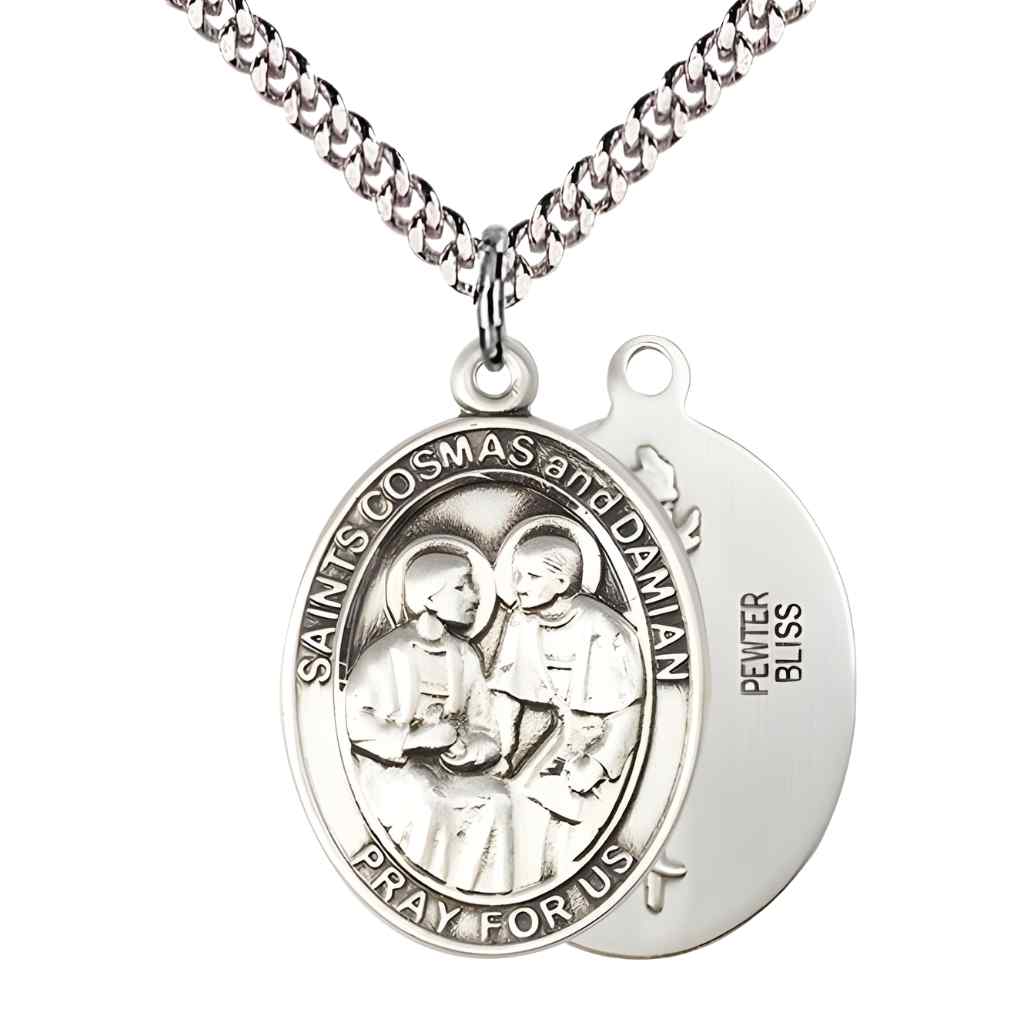 St Cosmas and St Damian Doctors Necklace, pewter medal with plated chain (view 1), Bliss Manufacturing