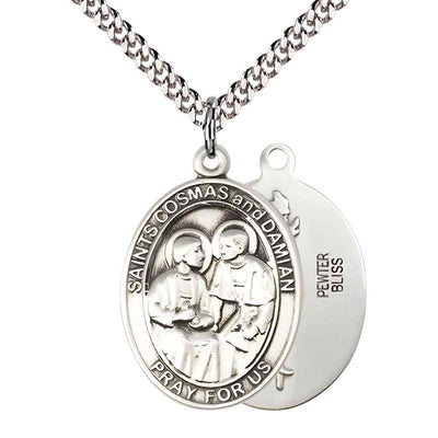 St Cosmas and St Damian Doctors Necklace, pewter medal with plated chain (view 1), Bliss Manufacturing
