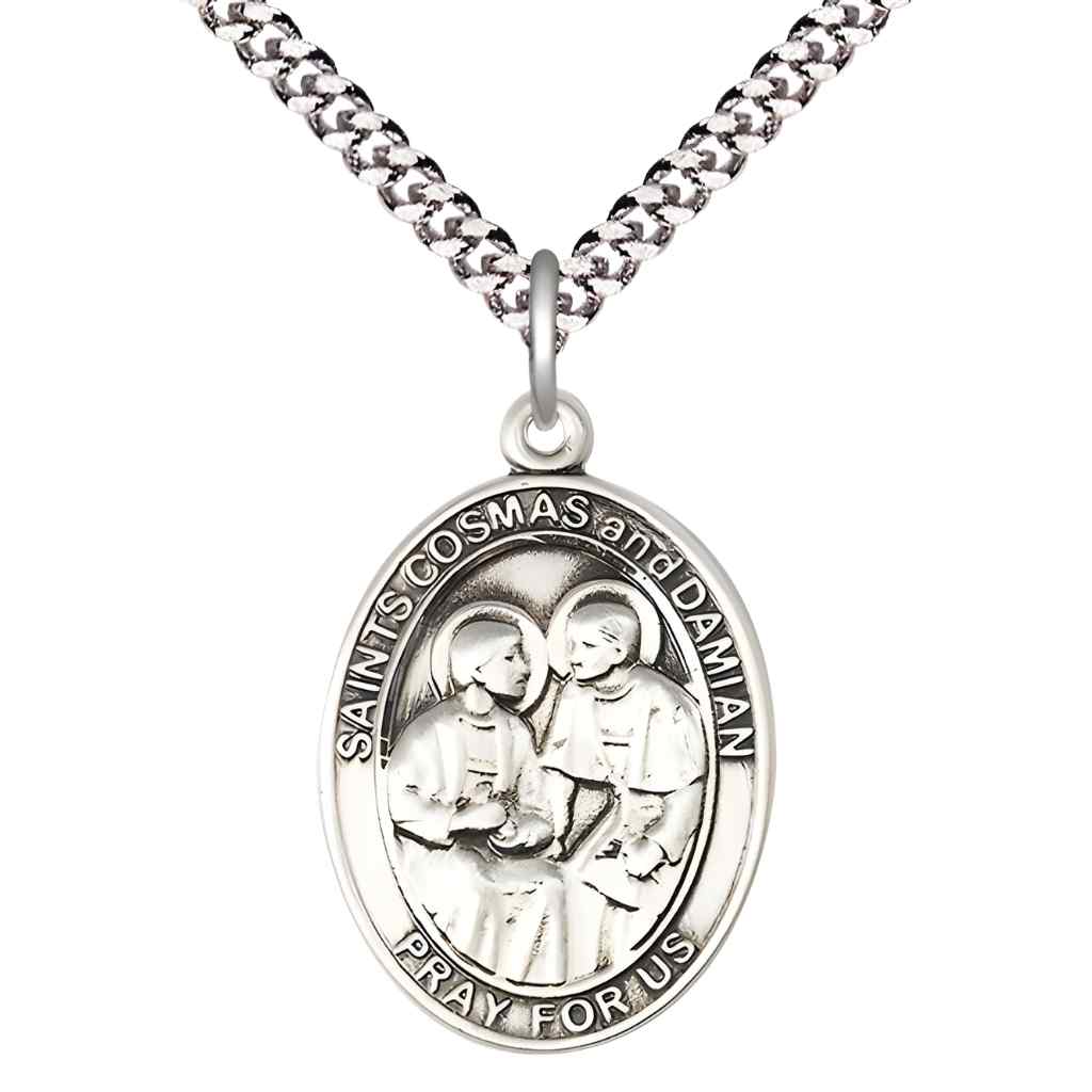 Large St. Cosmas and St. Damian Pewter Oval Medal Pendant with Rhodium-plated Chain, Deluxe Gift Box