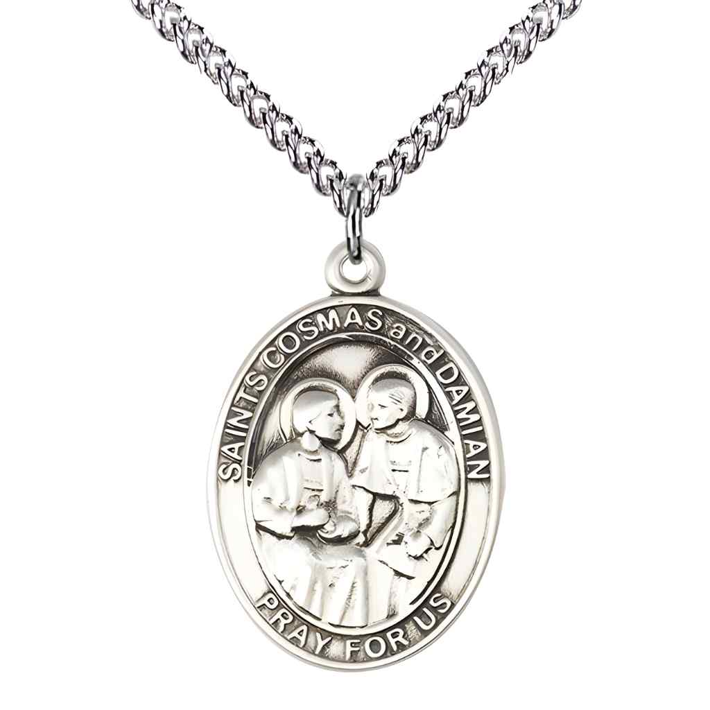 Large St Cosmas and St Damian Necklace, sterling silver medal with optional engraving, sterling silver chain, Bliss Manufacturing
