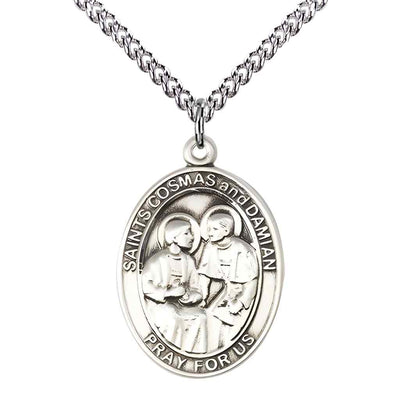 Large St Cosmas and St Damian Necklace, sterling silver medal with optional engraving, sterling silver chain, Bliss Manufacturing