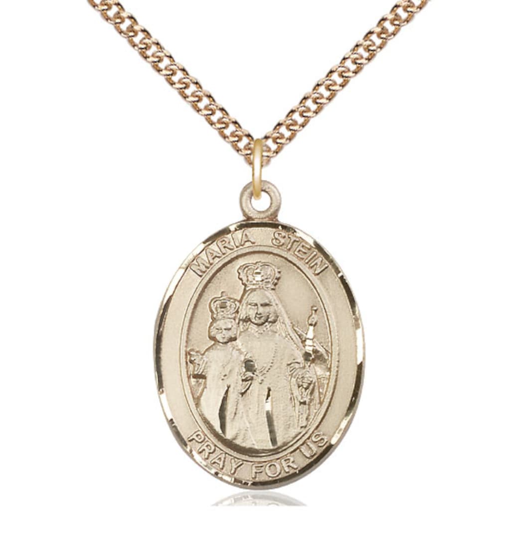 Bliss Maria Stein 14kt Gold Engravable Oval Large Medal with 14kt Gold Chain,