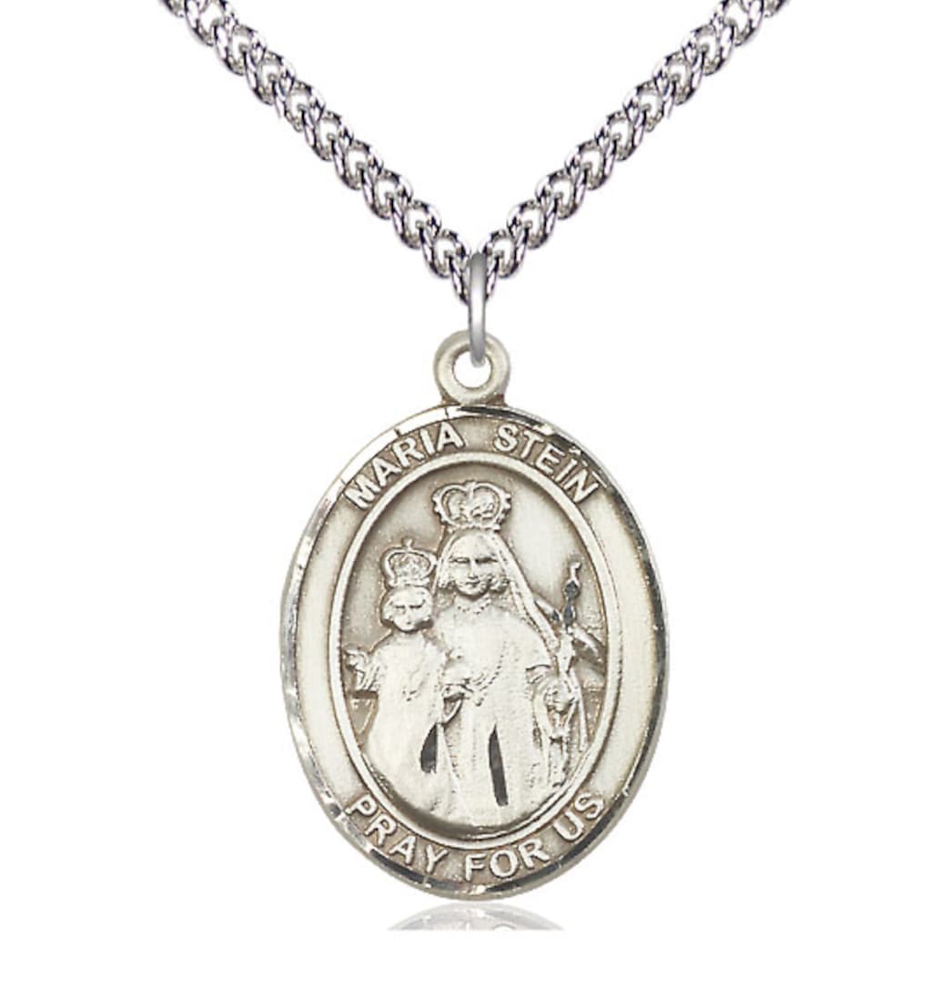 Large Bliss Maria Stein Sterling Silver Oval Engravable Medal Necklace with Sterling Silver Chain,