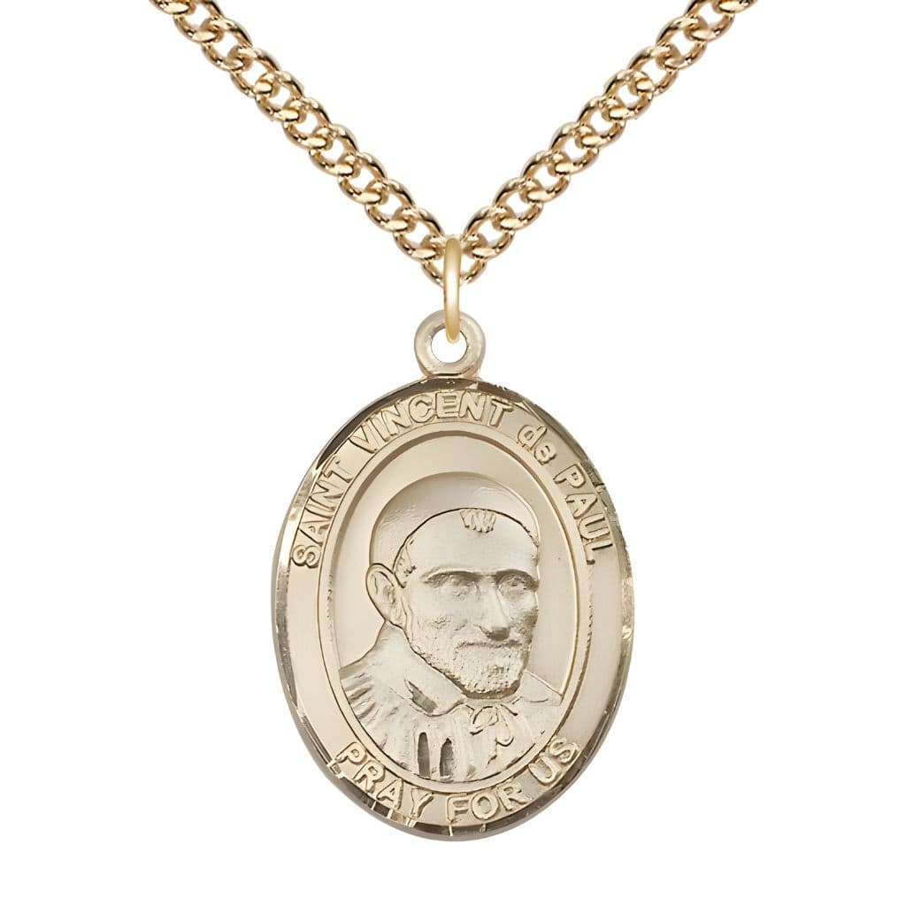 Bliss St. Vincent de Paul 14kt Gold-filled Oval Medal Pendant with Gold-filled Chain, Measures 1-inch tall by 3/4-inch wide.