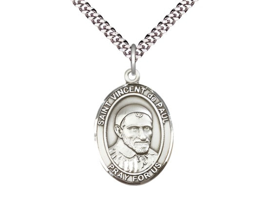 Bliss Pewter St Vincent de Paul Pendant on a 24 inch Light Rhodium-plated Heavy Curb Chain,