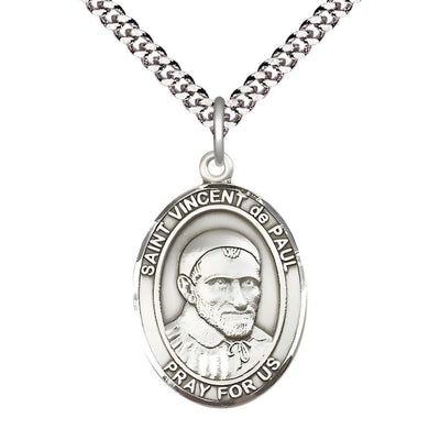 St. Vincent de Paul Sterling Silver Oval Medal Pendant with Rhodium-plated Chain, Measures 1-inch tall by 3/4-inch wide, Bliss Manufacturing