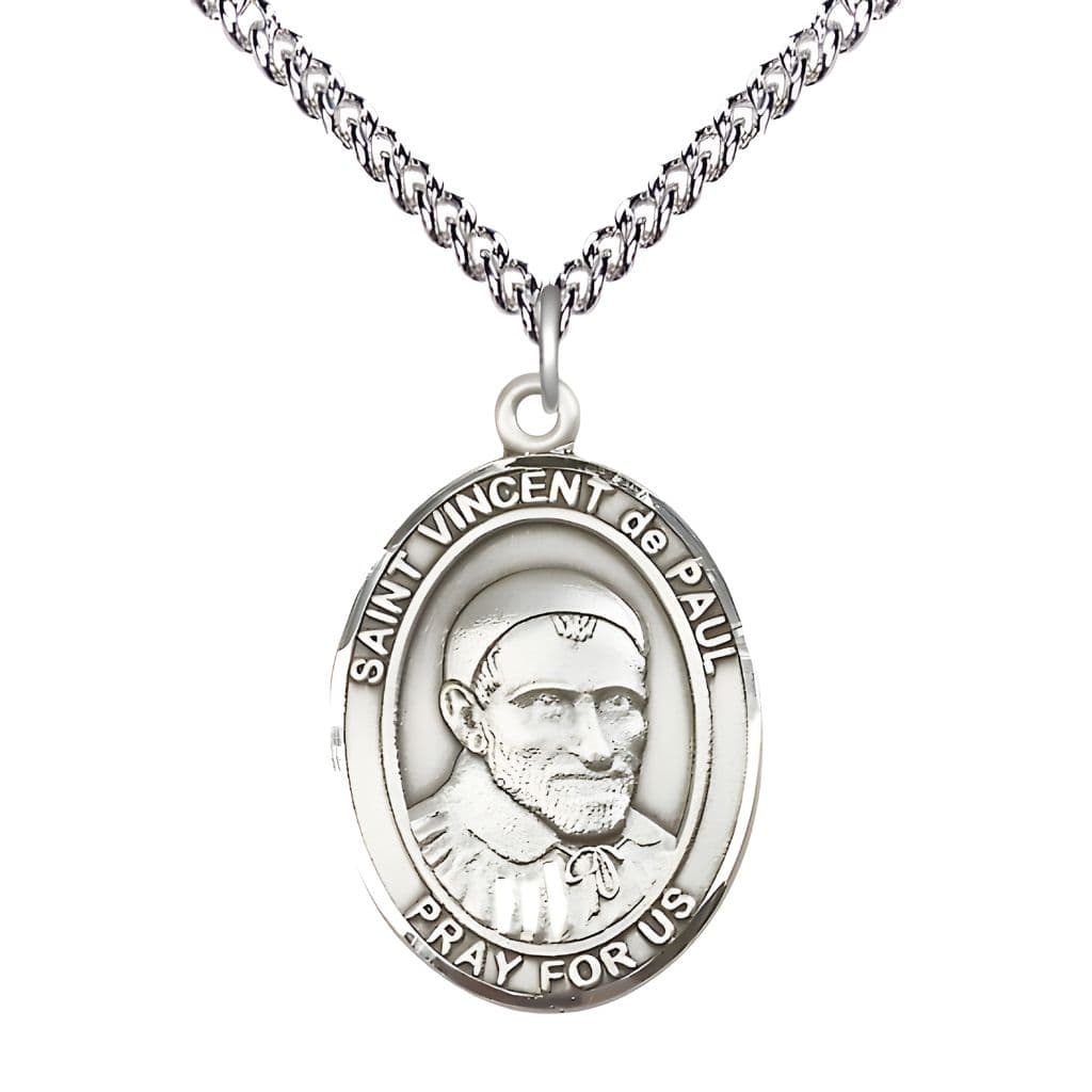 Bliss St. Vincent de Paul Sterling Silver Oval Medal Pendant with Sterling Silver Chain, Measures 1-inch tall by 3/4-inch wide.